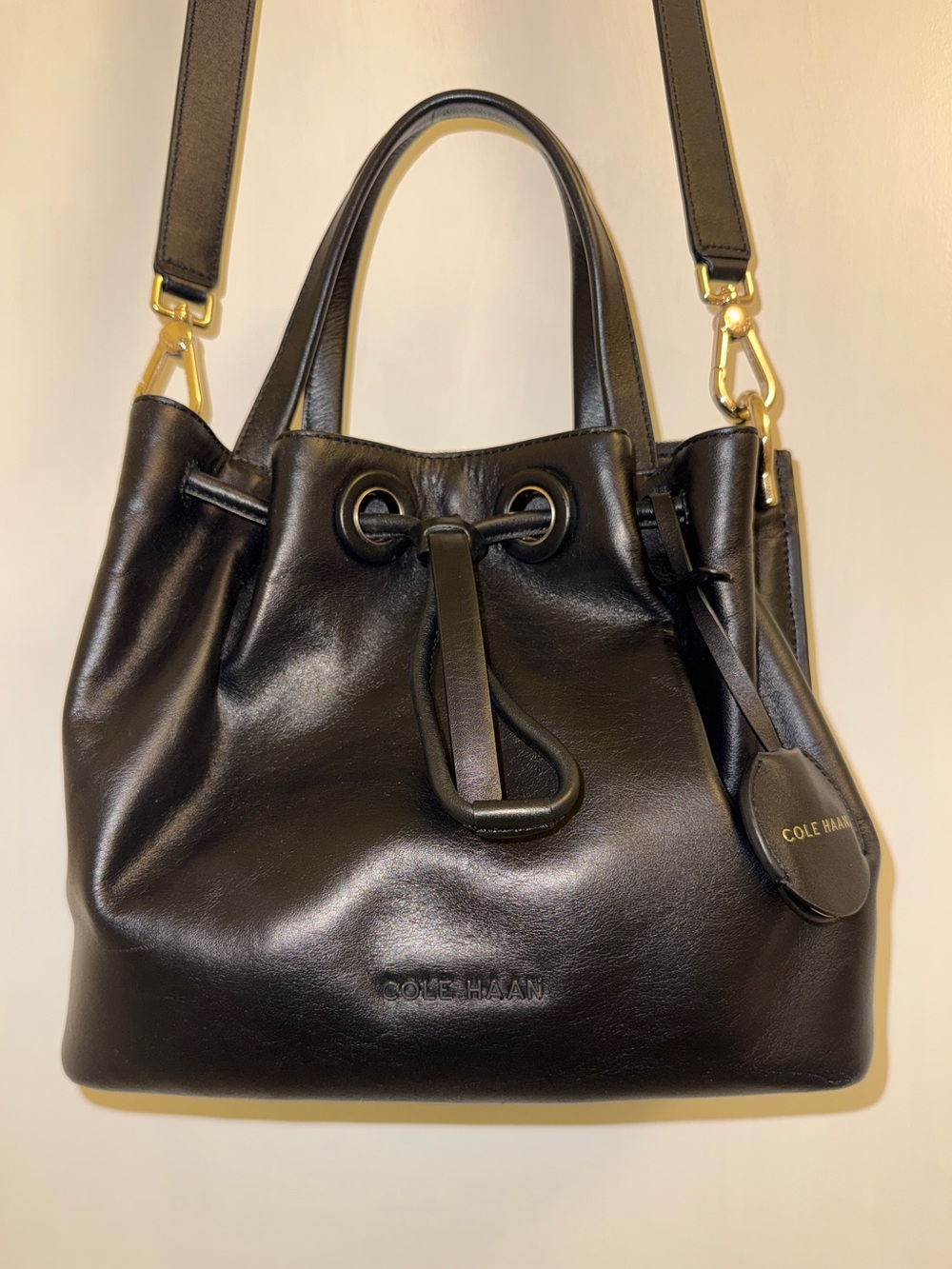 Cole Haan Grand Ambition Luxe Black Leather Bucket Bag -Crossbody or top handles